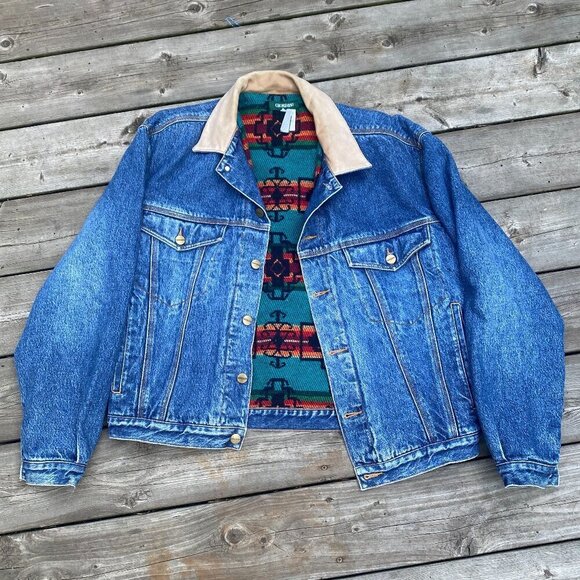 Vintage 1980s Blanket Lined Giordano Aztec Denim Jacket Large - Picture 4 of 14